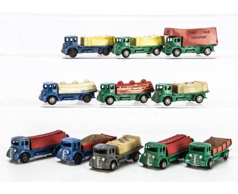 Timpo Plastic Gyro Toys, Transport Truck (2), Brick Truck (2), 'Atom Load' Truck (2), 'Timpo Export' Truck (2), Wagon (2), Es