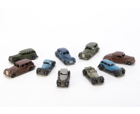 Dinky Toys 30, 36 &amp; 39 Series Cars, 39a Packard Tourer (2), brown, olive green, 39c Lincoln Zephyr, brown, 39e Chrysler, 