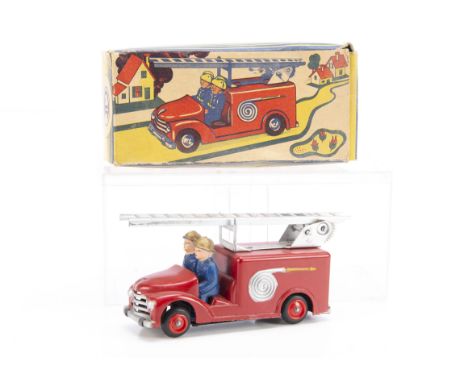 A CIJ Ref No.3/30 Fire Engine, red body and plastic hubs, two firemen, silver ladder, black tyres, in original box, VG-E, som