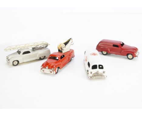 AMB Marchesini Tinplate Commercial Vehicles, approx 1:43 scale, 530-1 Fire Truck, grey, 530-2 Crane Truck, red, Ambulance, wh