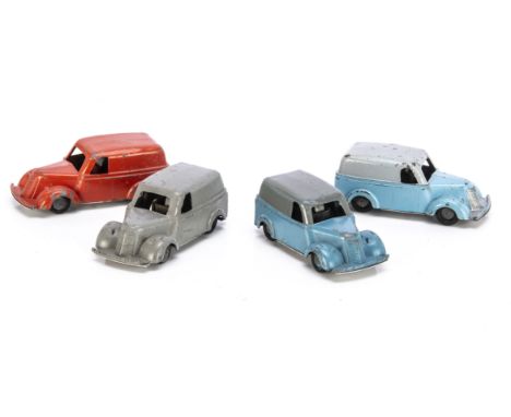 Timpo Toys Friction Drive Utility Vans, four examples, orange, grey, light blue/grey, light blue/dark grey, F-G, grey motor a