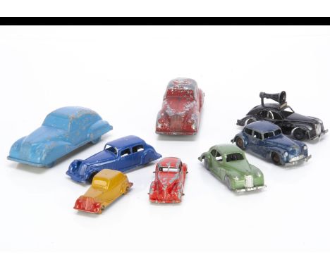 Various British Diecast Cars, including Kembo Streamlined Coupe, light green, Police Car, black, Arbur Products Buick Sedan, 
