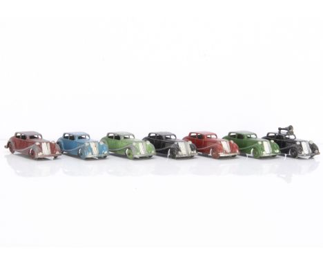 Crescent Toys Saloon Cars, five examples, blue, green (2), red (2), with two black Police Cars, P-F, one Police car lacks lou