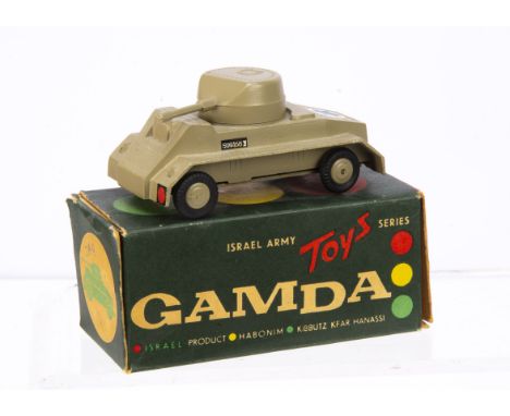 A Gamda Israel Army Toys Series Armoured Car, khaki body and hubs, metal base without Gamda, numberplate 509168, in original 