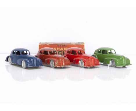 Betal 1947 Jowett Javelin, four examples, dark blue, with clockwork motor, in remains of original box, three non-motorised ve