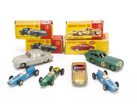 Dinky Toy Racing &amp; Sports Cars, 195 Jaguar 3.4 Saloon, grey body, red interior, spun hubs, 240 Cooper Racing Car (2), 243