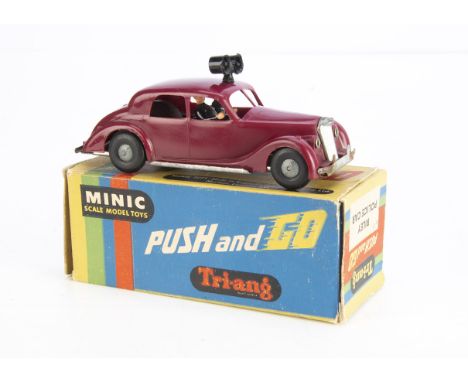 A Tri-ang Minic Push &amp; Go No.3133 Riley Pathfinder Police Car, maroon plastic body, tin radiator and bumpers, removable r