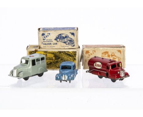 Kay Midge Mechanical Clockwork Diecast Toys, Tanker, red body, 'Esso' decal, Ambulance, grey body, Saloon Car, light blue bod