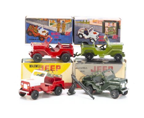 Maxwell Toys Jeeps, No.608 Big Jeep Armoured Car, No.607 Big Jeep Police, in original boxes, with two loose models, No.606 Bi