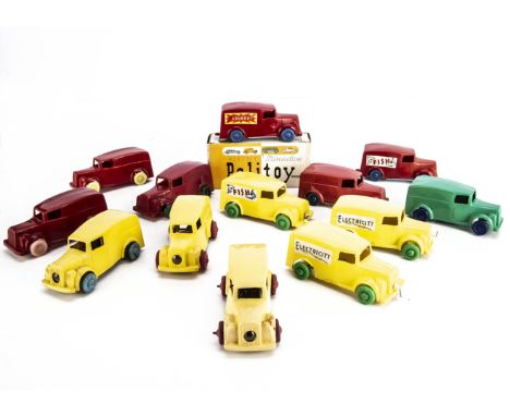 Palitoy Plastic Miniature Bedford Vans, thirteen examples, band driven (3), clockwork (3), freewheeling (4), freewheeling wit