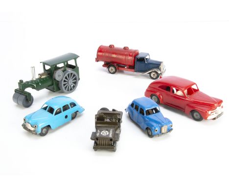 Tri-ang Minic Tinplate &amp; Plastic Vehicles, including tinplate clockwork 33M Steam Roller, 15M Petrol Tanker, 78M American