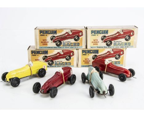 Penguin Series 4 Plastic Rubber Band Drive Racer, four examples, yellow, RN1, red, pale blue, RN8, dark red, RN2, in original