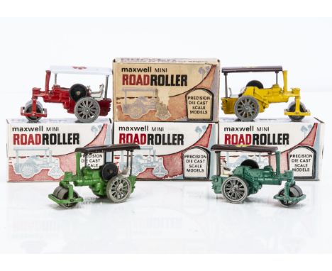Maxwell Toys No.502 Road Roller, four examples, red, green, yellow and teal, in original boxes, VG-E, boxes F-VG, one with in