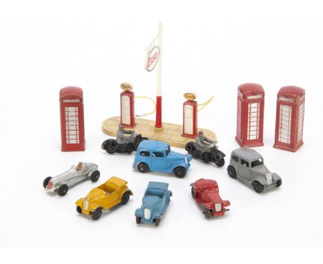 Dinky Toys 35 Series Cars &amp; Other Accessories, 35a Saloon Car (2), blue, grey, 35b Midget Racer, silver, 35c MG Sports Ca