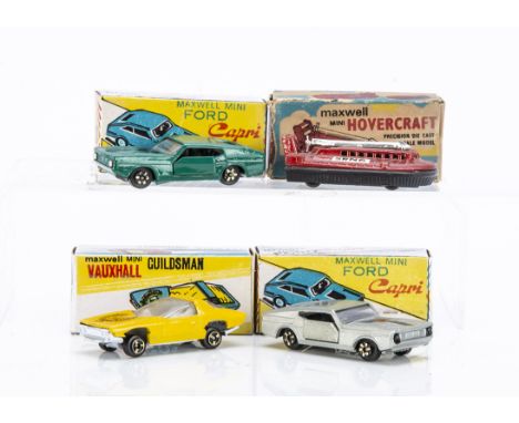 Maxwell Toys No.590 Ford Capri, two examples, teal green, silver, No.509 Vauxhall Guildsman, yellow, No.516 Hovercraft, metal