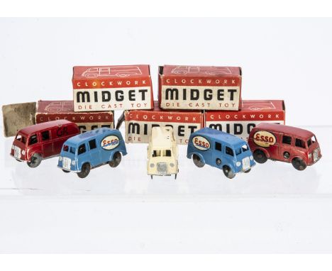 Chad Valley Clockwork Diecast Midget Vans, five examples, blue, 'Esso' decal (2), red, 'Esso' decal, Ambulance, GR Mail Van i