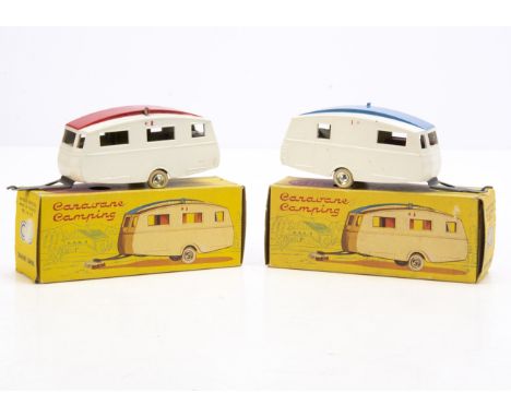 CIJ Ref No.3/27 Camping Caravan, two examples, white body, blue roof panel, printed tinplate interior, plated spun hubs, whit