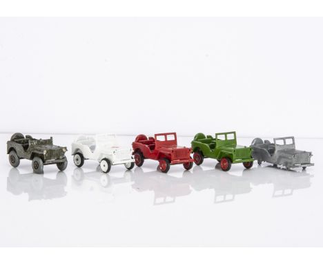 Gasquy Sep-Toy Willys Jeeps, five examples, one original in US Army colours, three late production, assembled and painted at 