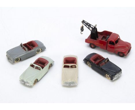 French Dinky Toys 24s Simca 8 Sport, four examples, grey body, red seats, thin windscreen, black body, red seats, thick winds