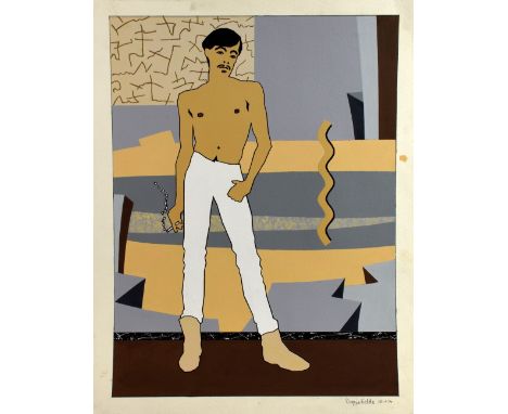 Duggie Fields, b.1945, full length male portrait, white jeans and cowboy boots, signed and dated in the margin, 28.11.74, 61c