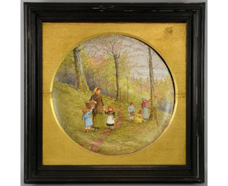 Linnie Watt 1875-1908,  painted pottery charger, probably Pinder  Bourne pottery, woodland scene with mother and five childre