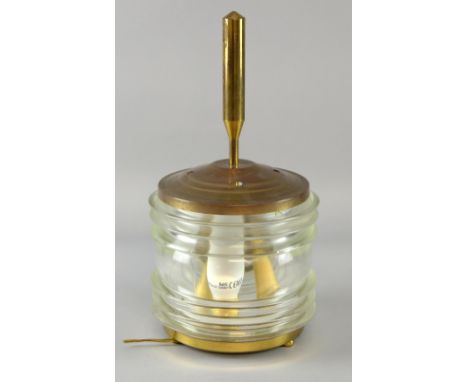 Mid 20th C ship lantern style table lamp, in brass with ribbed moulded glass, 40 cm   