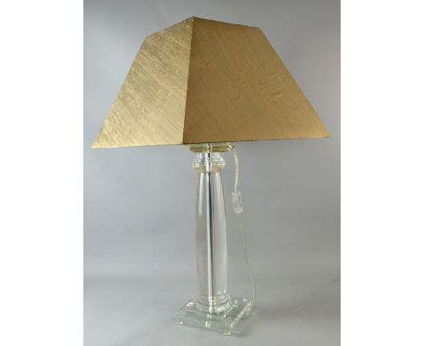 Large clear glass table lamp on square base, with raw silk shade, 48 cm 