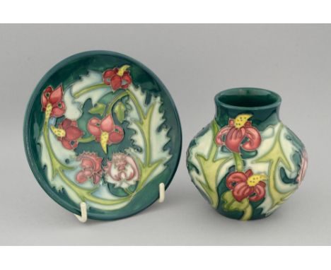 Moorcroft 'Leicester' pattern vase (8.5cm) and pin dish (12cm) by Rachel Bishop, 1995, both with painted monograms and impres