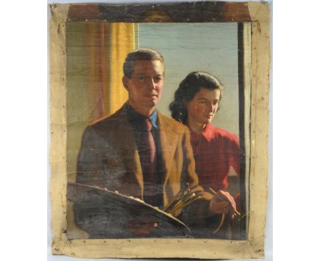 1920's portrait of an artist and his wife unsigned oil on canvas 86cm x 74cm   
