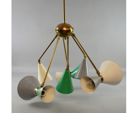  Mid 20th C brass ceiling brass lamp attributed to Stil Nova, six movable branches with double and single powder coated metal