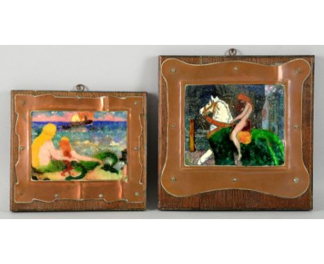 C H Powell two enamel plaques in copper frames, one depicting two mermaids another a nude lady on a horse, both in copper fra