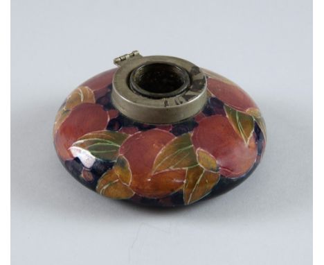 Moorcroft pomegranate pattern inkwell, impressed mark to base, lacking cover, 11.5cm diameter, 