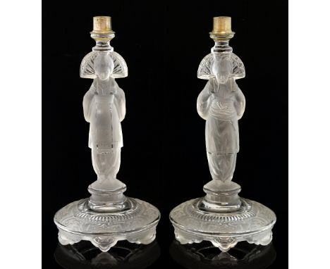 Pair of 1920's frosted glass lamp bases in the from of a Chinese man and women, 28cm   