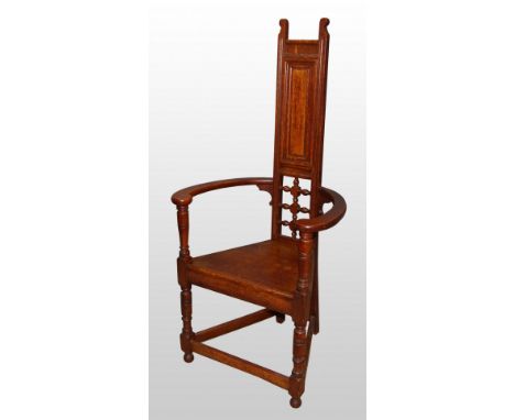 Arts and Crafts oak chair, with Scottish school influence, back panelled and with bobbin turned section    Overall condition 