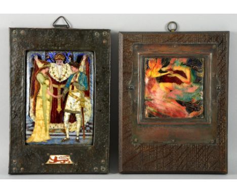 C H Powell, an enamel plaque depicting a king and a young couple  in medieval dress and a small panel of a rampant lion, mono