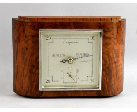 Art Deco curve fronted Smiths wall barometer with square silvered dial and subsidiary temperature dial, in walnut case, width