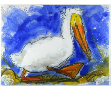 Sarah Hutton, Watercolour and oil  of a Pelican 56cm x 77cm and and another of a Giraffe 100cm x 18cm   