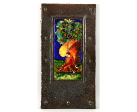 C H Powell an enamel plaque depicting an angel under a tree, in copper frame with hammered finish and studs with monogram and