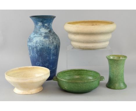 Five items of Compton pottery, including a blue glazed vase, green glazed bowl and vase, a large bowl with interior glazing a