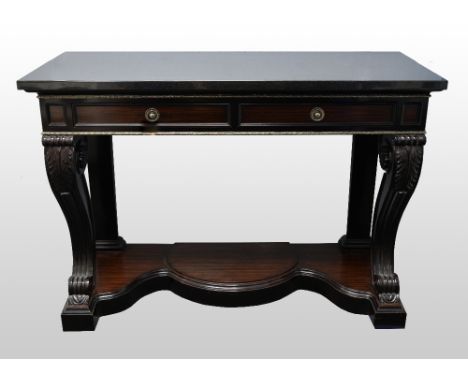 A Ralph Lauren ebonised 'Clivedon' console table with granite top and two panelled drawers. (Current retail price approx $13,