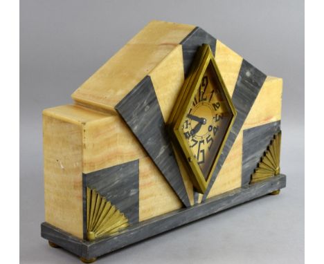  Art Deco style mantle clock grey and cream marble, fans and brass face with black numerals 