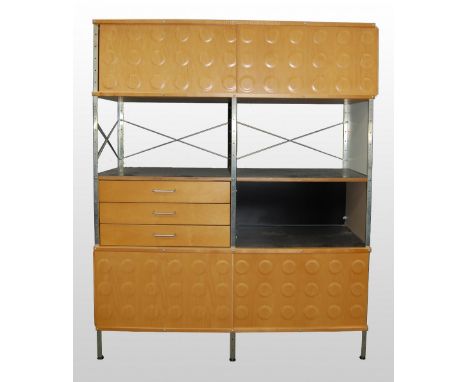   Freestanding shelf unit with coloured panels to ends and interior, steel frame with beech, 149 x 121 x 40 cm   No major fau