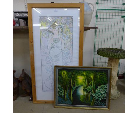 An Alphonse Mucha style print and an oil landscape 