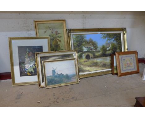 Assorted paintings, a print and a modern sampler 