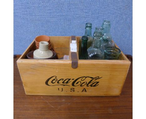 A pine Coca-Cola trug, assorted vintage glass bottles, etc. 