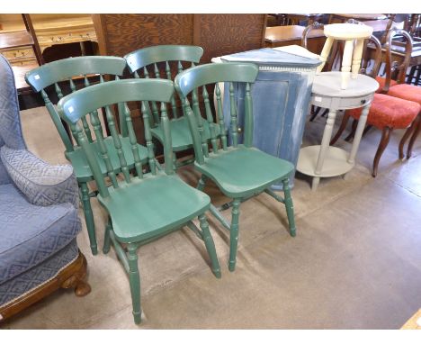 A set of four painted beech kitchen chairs, a rocking chair, a small commode and two others 