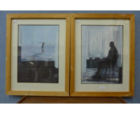 Dean Sherwin, Figure Alighting and Portrait of Helen, after Degas, oiled over prints, framed 