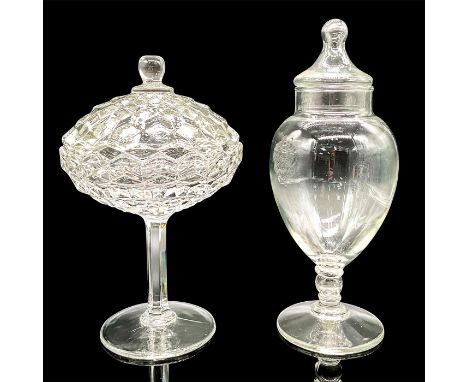 Includes Fostoria stemmed compote with lid and apothecary jar with knobbed lid. Fostoria compote has an interesting textured 