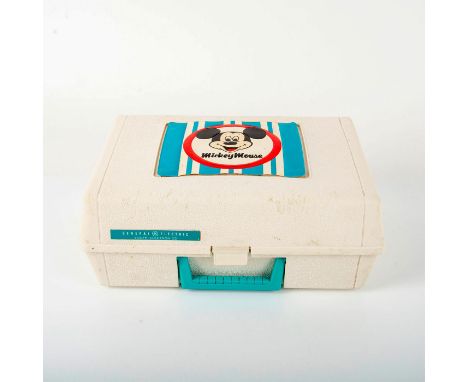 A white briefcase shaped record player that has a mickey mouse theme, with Mickey's head decorating the outer layer, with the