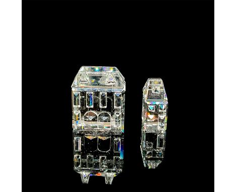 Crystal City theme; a set of two mini figures of houses. Swarovski mark. This item has its original box: 3.25"W x 5"H. House 